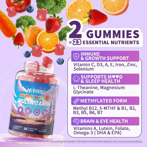 Vista 7 de NEVISS Gomitas multivitamínicas metiladas para adolescentes de 12 a 17 años con glicinato de magnesio, omega-3, L-teanina para adolescentes, niños