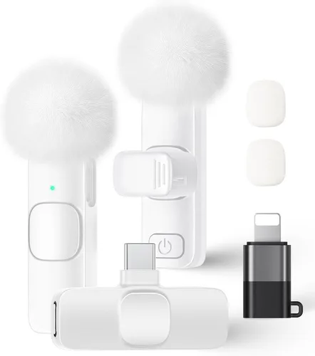 Vista 15 de Paquete de 2 micrófonos de solapa inalámbricos para iPhone, iPad y teléfono Android, micrófono de solapa Plug and Play, micrófono inalámbrico
