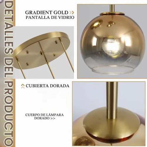 Vista 3 de KCO Iluminación - Lámpara colgante de 3 luces con globos en grupo, candelabro de cristal moderno, lámpara colgante de cristal dorado de 3 luces