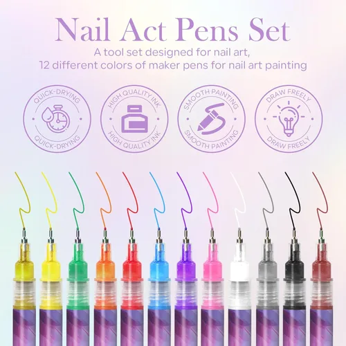 Vista 2 de Juego de 12 bolígrafos para arte de uñas, 0.020 in, de secado rápido, marcadores de pintura acrílica, para pintar, dibujar, pintar, puntos de uñas