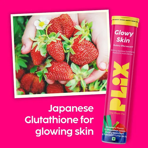 Vista 4 de PLIX Glowy Skin Suplemento de glutatión de 500 mg con ácido hialurónico, vitamina C, E y bayas 15 tabletas efervescentes, sabor fresa