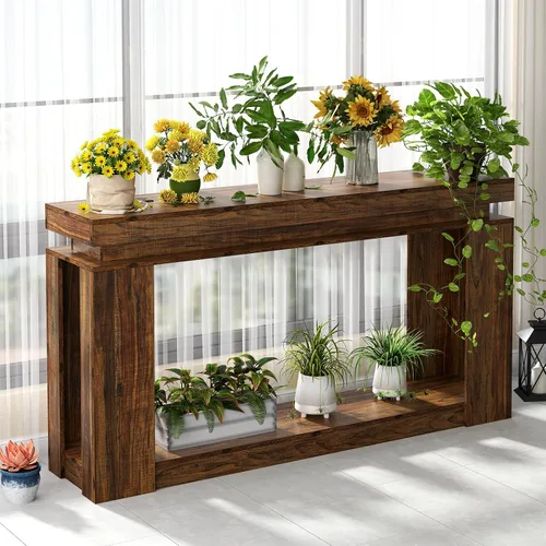 Vista 5 de Loomie - Mesa de consola larga de 63" con luces LED y toma de corriente, mesa de sofá de estilo granja de 2 niveles detrás del sofá