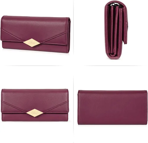 Vista 6 de Cartera de cuero suave para mujer, con tres pliegues y organizador de tarjetas