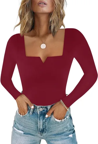 Vista 23 de Chunpin Body de manga larga para mujer, cuello cuadrado, muesca, cuello en V, traje de cuerpo de doble forro para salir, trajes de tanga Slim Fit