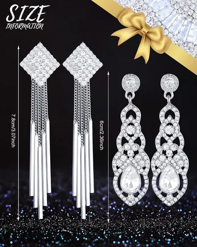 Vista 2 de 6 pares de aretes de diamantes de imitación, aretes de araña para mujer, aretes largos de borla para novia, niñas, joyería para boda, cena, fiesta