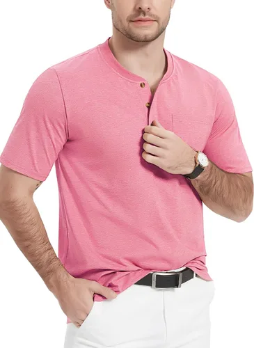 Vista 2 de MAGCOMSEN Camisas Henley de manga corta para hombre, de algodón, con botones, con bolsillo, casual, solapa frontal, ajuste regular, camisas diarias