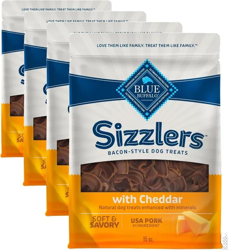 Vista 17 de Blue Buffalo Sizzlers Golosinas para perros estilo tocino con cerdo real de Estados Unidos, sabor cheddar, bolsa de 15 onzas