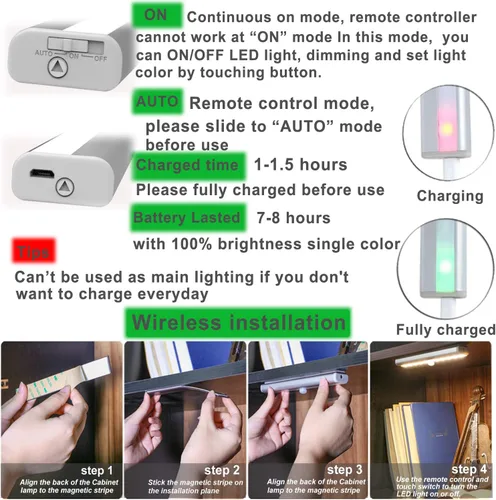 Vista 5 de LDOPTO - Luces para debajo del gabinete inalámbricas, paquete de 4 unidades, luces recargables accionadas a pila con control remoto, luces LED
