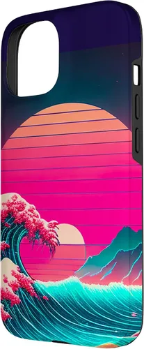 Vista 2 de iPhone 15 vaporwave synthwave ocean japonés 80s vintage estilo retro caso