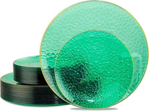 Vista 10 de Hioasis 60 piezas de platos de plástico negro - Juego de vajilla desechable con borde dorado, martillado, resistente, adecuado para 30 invitados