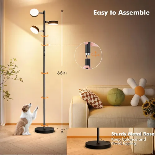 Vista 6 de Lámpara de pie de árbol Benaep para sala de estar - Moderna lámpara de pie negra, luz de suelo LED con control remoto y táctil, 3000K-6000K