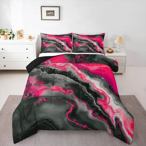 Vista 18 de Feelyou Juego de edredón abstracto para todas las estaciones, juego de ropa de cama negro y azul con 1 funda de almohada con estampado de mármol