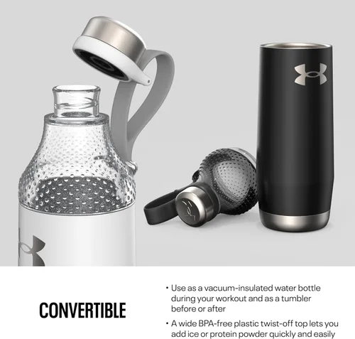 Vista 3 de Under Armour Twist-Off Top Botella de agua de acero inoxidable de 22 onzas para batido de hielo y proteínas, aislada, inastillable, a prueba