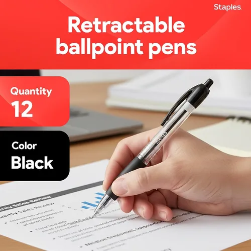 Vista 2 de STAPLES Bolígrafos retráctiles de punta media de 1.0 mm, tinta negra, paquete de 12 – Bolígrafos cómodos y de escritura suave para uso diario