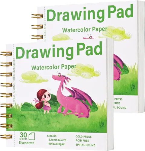 Vista 10 de Elvendreth Cuaderno de papel para acuarela 5x5 pulgadas, 30 hojas de papel prensado en frío (140 lb/300 g/m²), encuadernado en espiral/línea