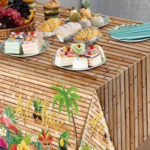 Vista 5 de Mantel hawaiano Luau de 3 piezas, mantel para fiesta de Tiki tropical, mantel rectangular desechable de plástico para Tiki Bar Tropical, verano
