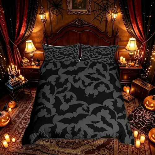 Vista 11 de Juego de funda de edredón con temática de Halloween, tamaño individual, estampado de animales salvajes de murciélagos rosados para niños y niñas