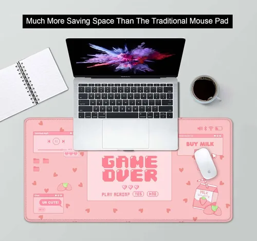 Vista 4 de Tapete de escritorio con leche de fresa, Kawaii rosa pastel, tapete de escritorio para juegos para juegos, lindas alfombrillas grandes para mouse