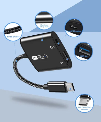 Vista 7 de Adaptador USB C OTG con alimentación, 2 en 1 USB C a USB hembra con adaptador de carga PD de 60 W compatible con iPhone 17/16/15, iPad Pro/Air 6