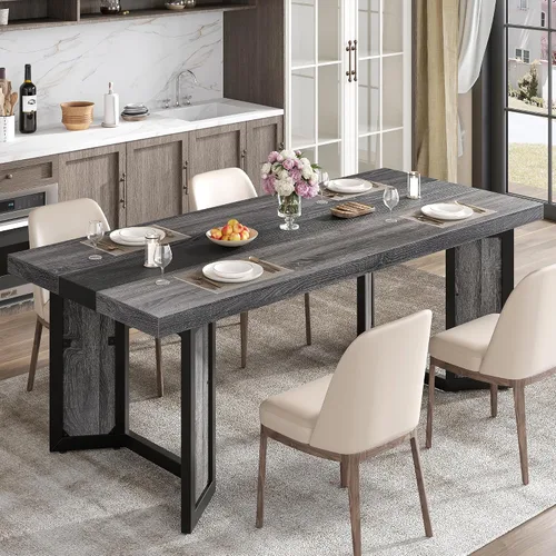Vista 4 de knoworld Mesa de comedor industrial para 6-8 personas, mesa de cocina grande de madera larga de 71 pulgadas con marco de metal resistente y acabado