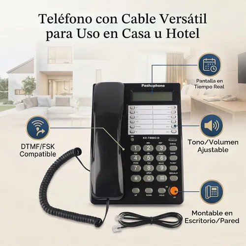 Vista 3 de Teléfono con cable Inicio Hotel con cable Teléfono de escritorio con cable Oficina Teléfono fijo DTMF/Soporte (negro)