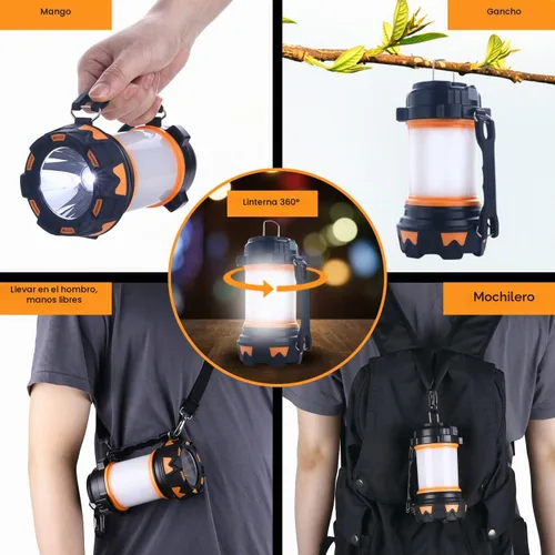 Vista 7 de AYL - Linterna LED de camping recargable, linterna superbrillante con luz de 360 grados, banco de energía, resistente al agua IPX4 para emergencias