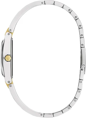 Vista 2 de Bulova Reloj de mujer moderno Gemini con diamantes en plata y oro de acero inoxidable, forma tonneau con esfera azul, Modelo: 98P218