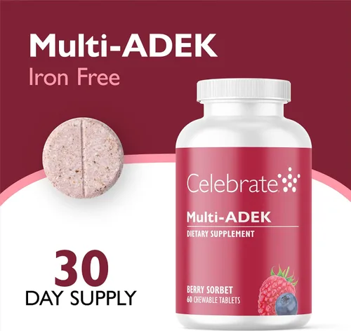 Vista 2 de Celebrate Vitamins Multi ADEK masticables sin hierro, multivitamínico bariátrico diario, alto nivel de vitaminas A, D, E, K y B12 para pacientes