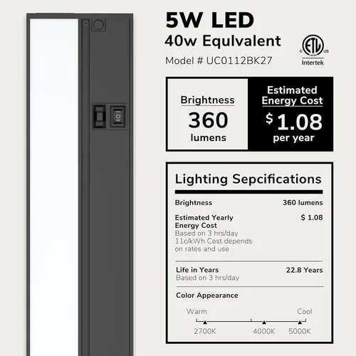 Vista 2 de Luz de gabinete inferior Halo LAGOM, de 12 pulgadas, LED regulable con cableado directo, 2700K/4000K/5000K, cable de alimentación se vende por Negro