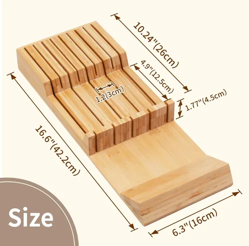 Vista 3 de Utoplike Organizador de cajón para cuchillos Bloque de cuchillos de bambú para cocina, Soporte para bistecs de mango grande, Apto para 9 cuchillos