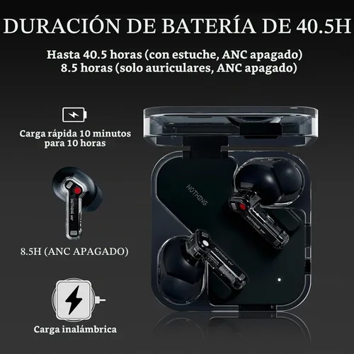 Vista 4 de Nothing Auriculares inalámbricos Bluetooth, auriculares híbridos ANC inteligentes de 45 dB, aumento de graves profundos de 0.433 in, audio de alta