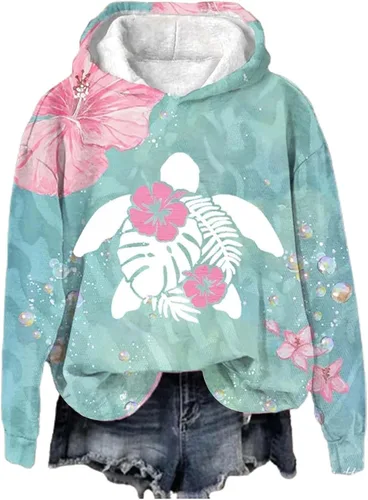Vista 3 de Sudaderas con capucha para mujer, linda sudadera de tortuga, cuello redondo, manga larga, forro polar, para adolescentes y niñas