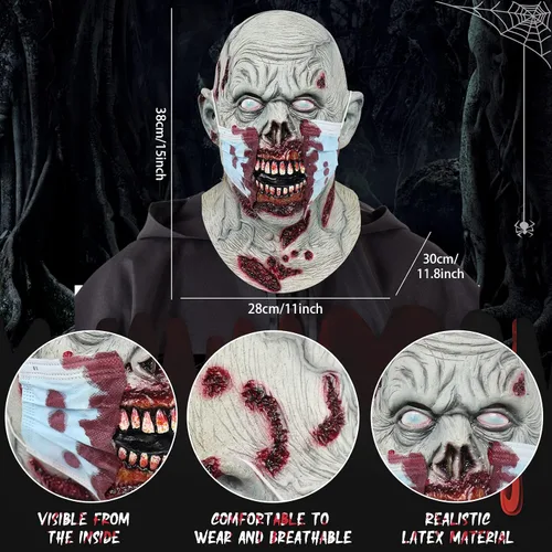 Vista 2 de Máscara de zombi aterradora de Halloween, máscara doble de sangre