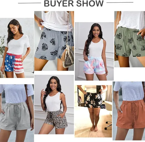 Vista 5 de Pantalones cortos elásticos para mujer pantalones cortos sueltos con cordón puro con estampado de algodón pantalones cortos casuales