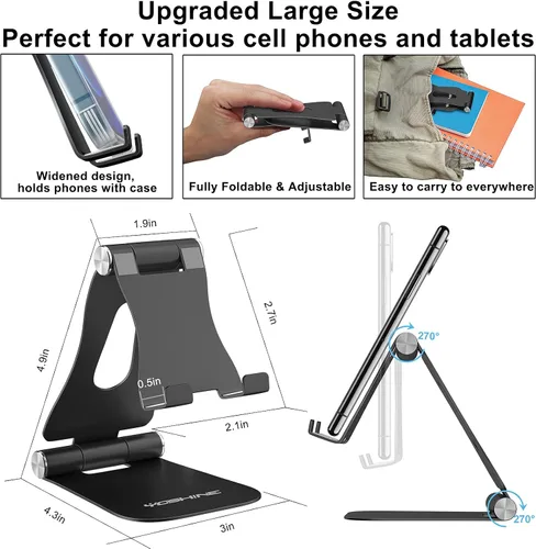Vista 2 de YOSHINE Soporte para teléfono celular, soporte de teléfono mejorado para escritorio, soporte ajustable para tableta, soporte plegable de aluminio