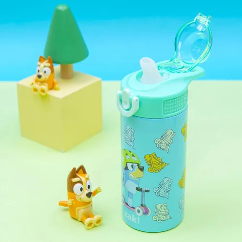 Vista 2 de Zak Designs Bluey Sage - Botella de agua para niños para la escuela o viajes, botella de agua de acero inoxidable de 14 onzas con popote, asa y tapa