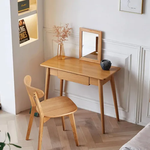 Vista 4 de Escritorio pequeño de madera, 100% roble con cajón, mesa de computadora de madera para escribir, mesa de maquillaje simple para dormitorio, oficina