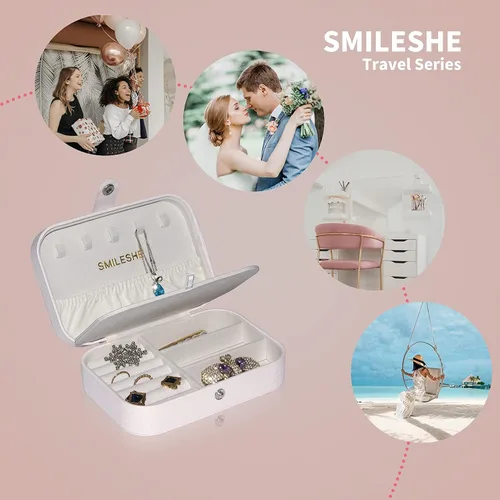 Vista 3 de Smileshe Joyero, estuche de viaje portátil de piel sintética, organizador de 2 capas, caja de almacenamiento para anillos, aretes, collares, pulseras