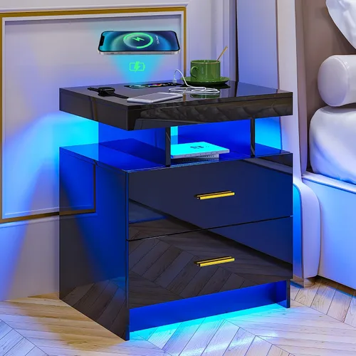 Vista 23 de HNEBC Mesita de noche negra con 3 cajones y estación de carga inalámbrica y negro (91016-1pcs-Black)