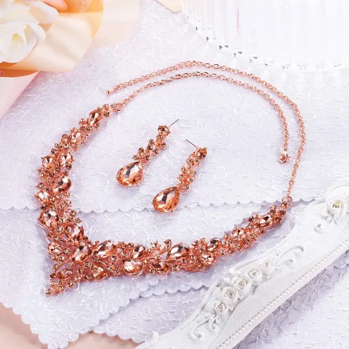 Vista 5 de BriLove - Juego de collar y aretes colgantes, para mujer, collar para impresionar, grupo de lágrima de cristal austriaco, nupcial, para boda.