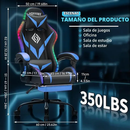 Vista 3 de Silla RGB para videojuegos con masaje y luces LED, ergonómicas, con reposapiés, respaldo alto, silla reclinable para computadora con soporte lumbar