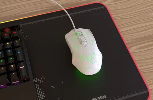 Vista 7 de Mouse para jugadores USB Ajazz Firstblood Watcher con patrón RGB, retroiluminado, de 2400 DPI, 7 Botones Programables, AJ52, blanco estrella