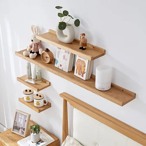 Vista 7 de Estantes flotantes de roble – Repisa de madera natural montada en la pared – Repisa de fotos – Estante de almacenamiento de pared para oficina