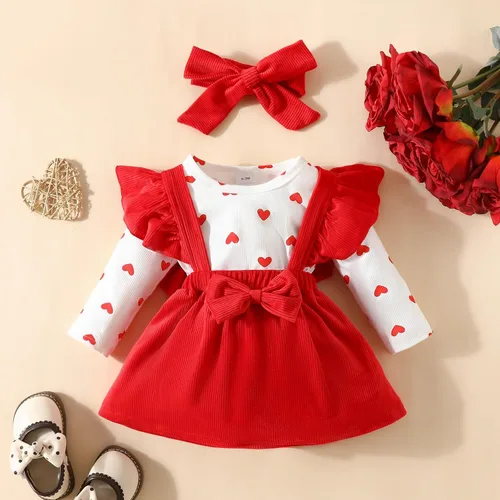 Vista 23 de My First Valentine's Day - Conjunto de ropa para bebé niña con volantes, manga larga, estampado de corazón, falda con tirantes
