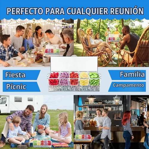 Vista 6 de Bandeja de condimentos refrigerados, cesta de frutas de bar con tapa y 5 compartimentos extraíbles, bandeja transparente para servir condimentos