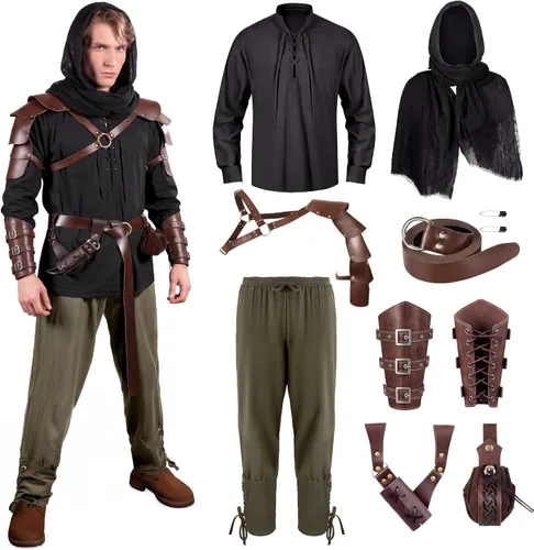Vista 7 de Panitay Juego de disfraz renacentista para hombre de 8 piezas Color envejecido.