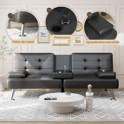 Vista 5 de Shahoo - Sofá cama convertible tipo futón plegable para sala de estar, sofá cama con respaldo tapizado de cuero sintético, sillón con reposabrazos