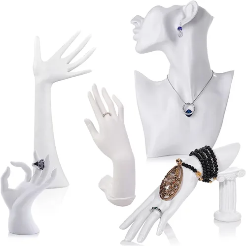 Vista 3 de Jewelry Towers - 5 piezas de estante de exhibición de joyería de resina de media cara para mujer, maniquí de cabeza y mano, collar, aretes, cabeza