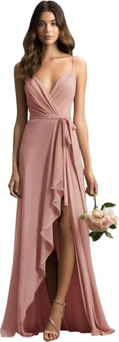 Vista 4 de Zardtina Vestido de dama de honor de gasa con volantes para mujer, vestido formal con cuello en V, vestido de fiesta de noche con cinturón ZA904