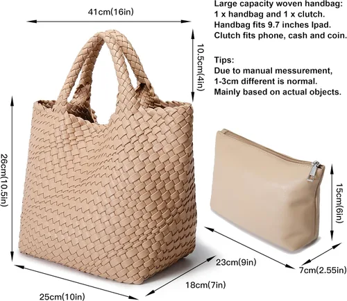 Vista 3 de Queenoris Bolso tejido para mujer, bolso de mano de cuero vegano grande para verano, playa, viaje, bolso y bolso retro hecho a mano